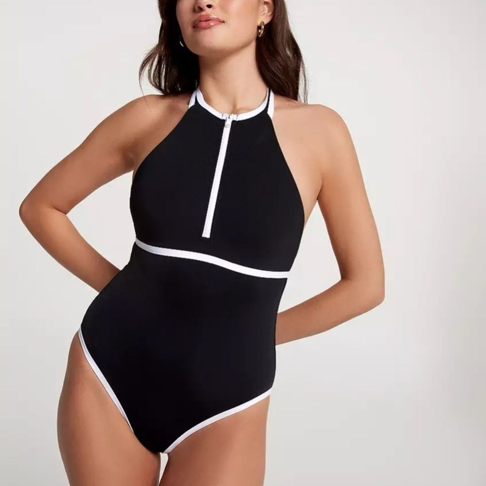 Calia Halter Racerback One Piece Swimsuit Tummy Control Black & White Size 12
